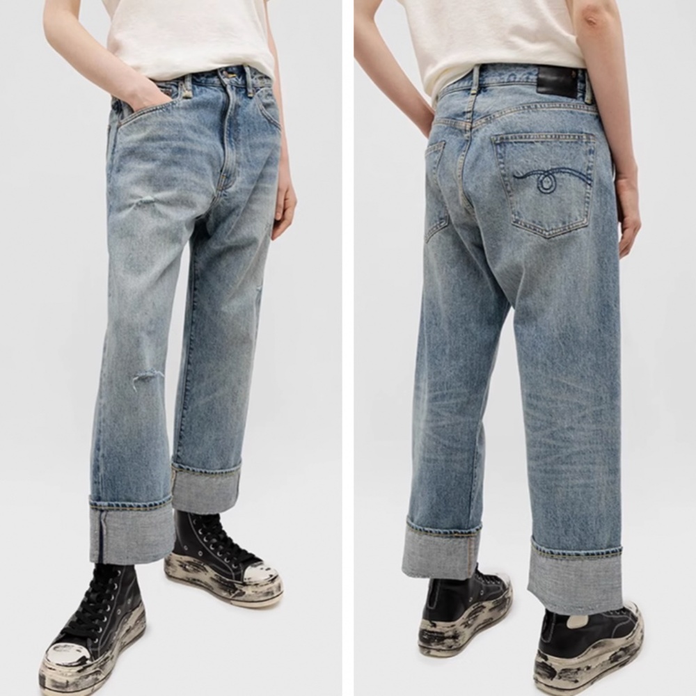 NWT R13 Cuffed X-Boyfriend Jeans - Lena Blue Denim Classic Loose Fit Rips